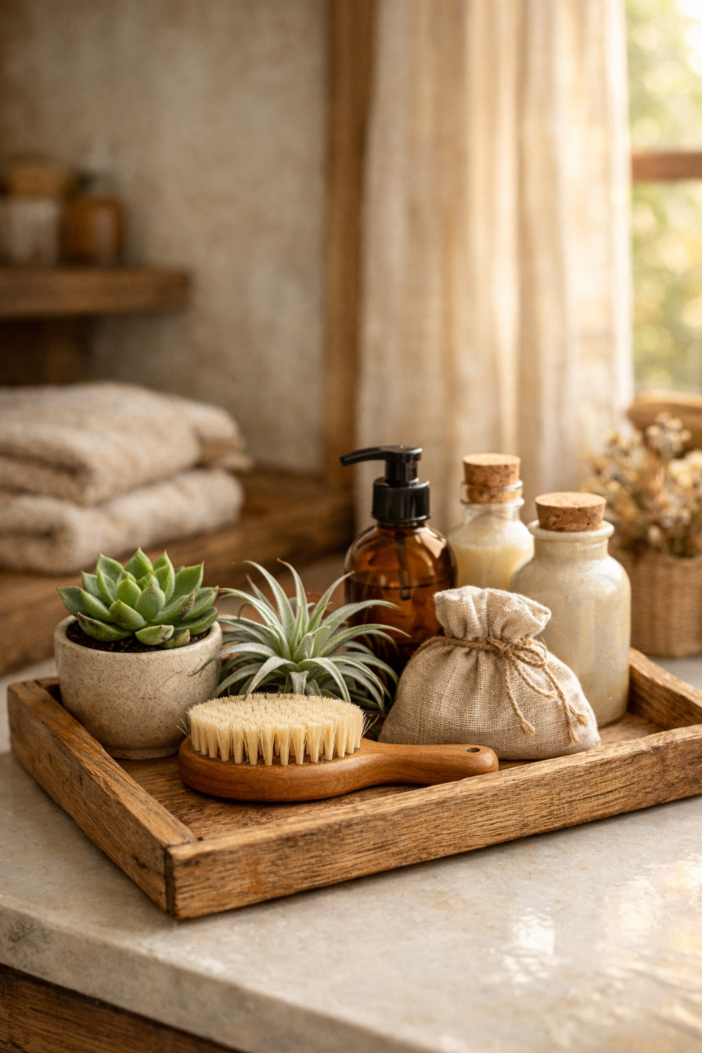 Add Warmth with a Rustic Wooden Tray and Natural Elements