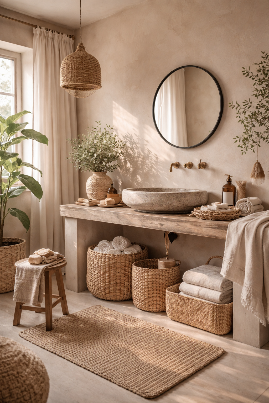 Beige Bathroom with Natural Decor Elements