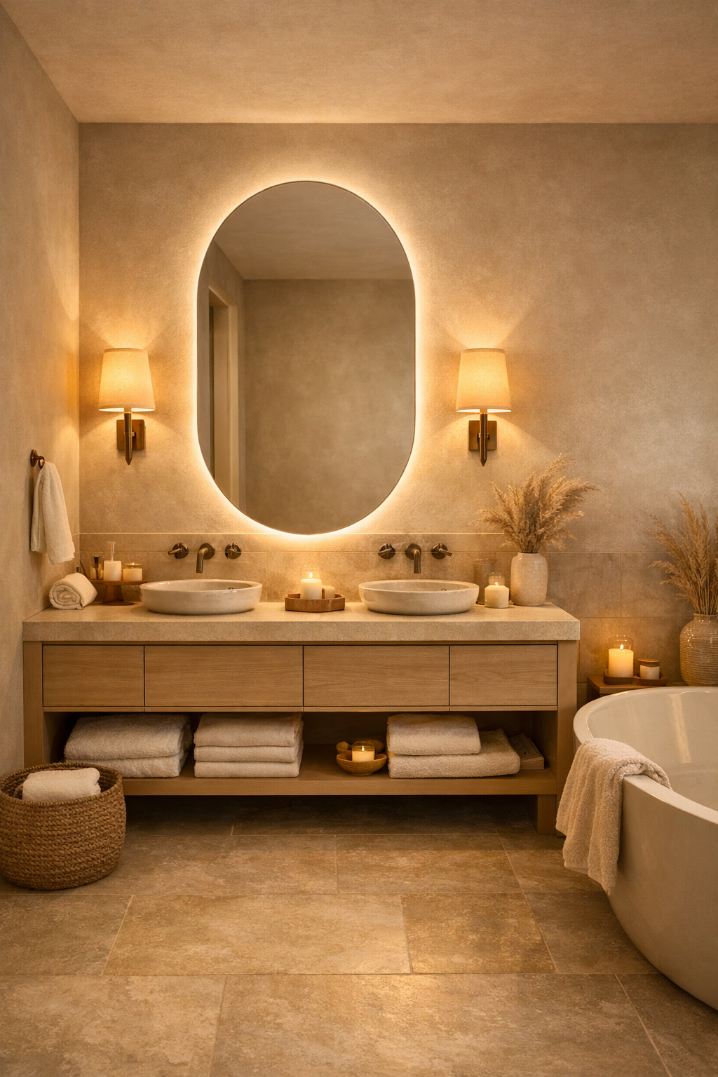 Beige Bathroom with Soft Ambient Lighting