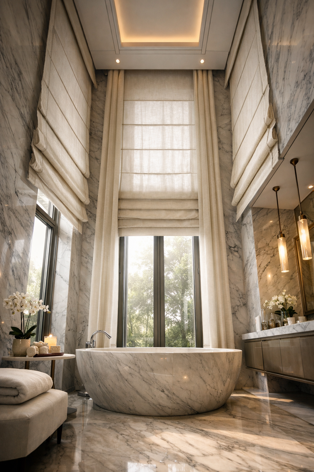 Ceiling-Mounted Roman Shades for a Luxurious Touch
