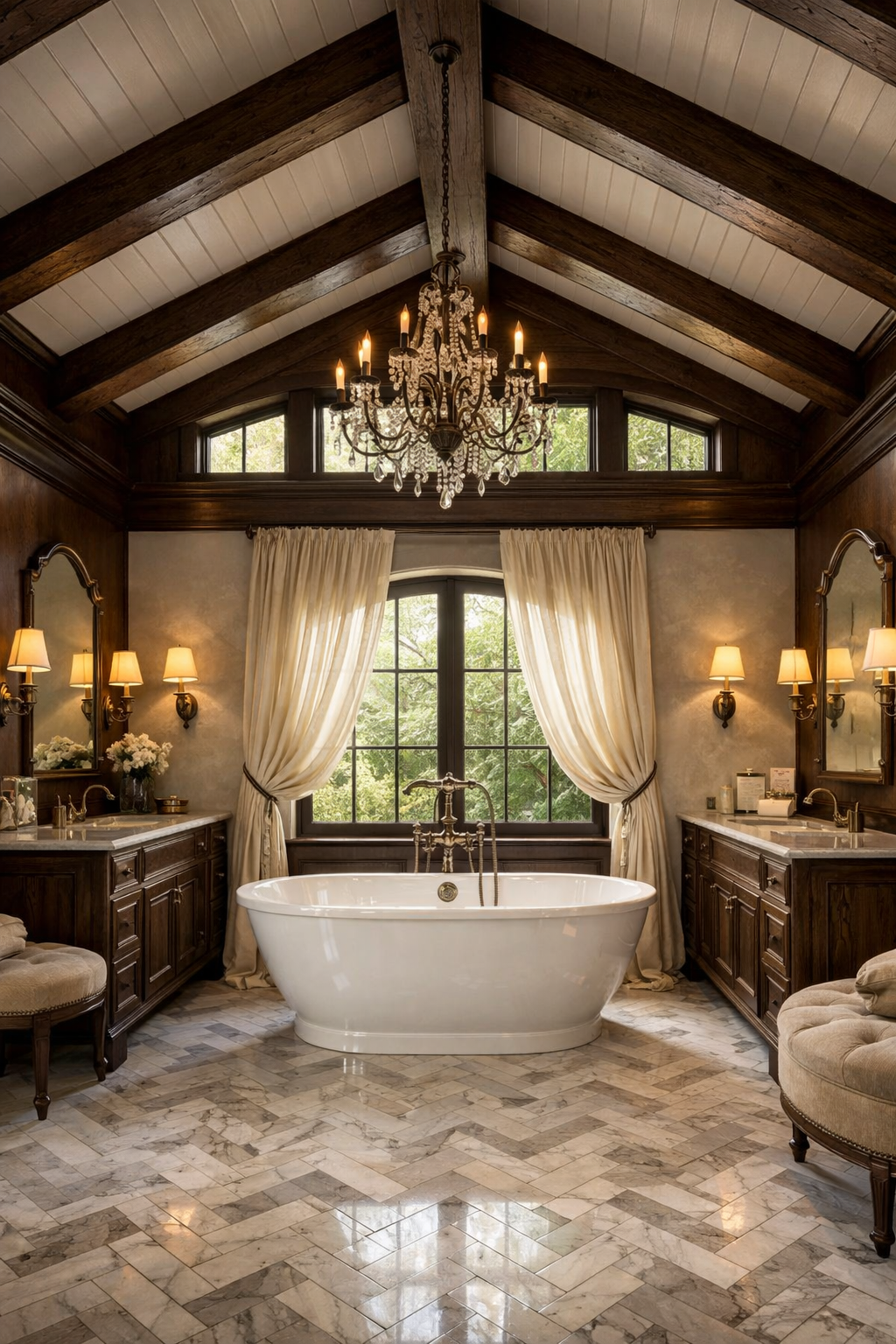Classic Dark-Stained Oak Beams in a Vaulted Master Suite