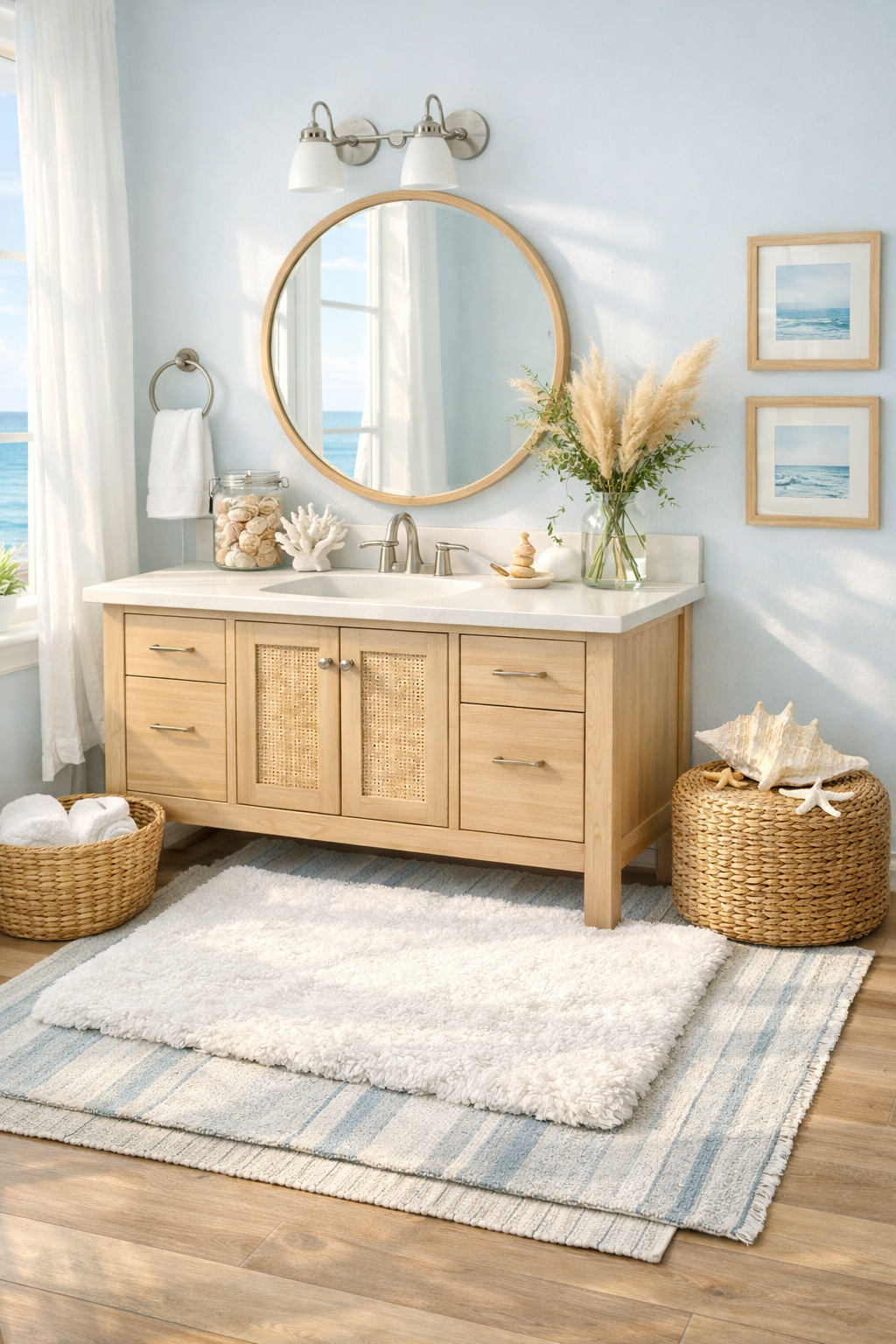 Coastal Style Layered Rugs with Light Tones