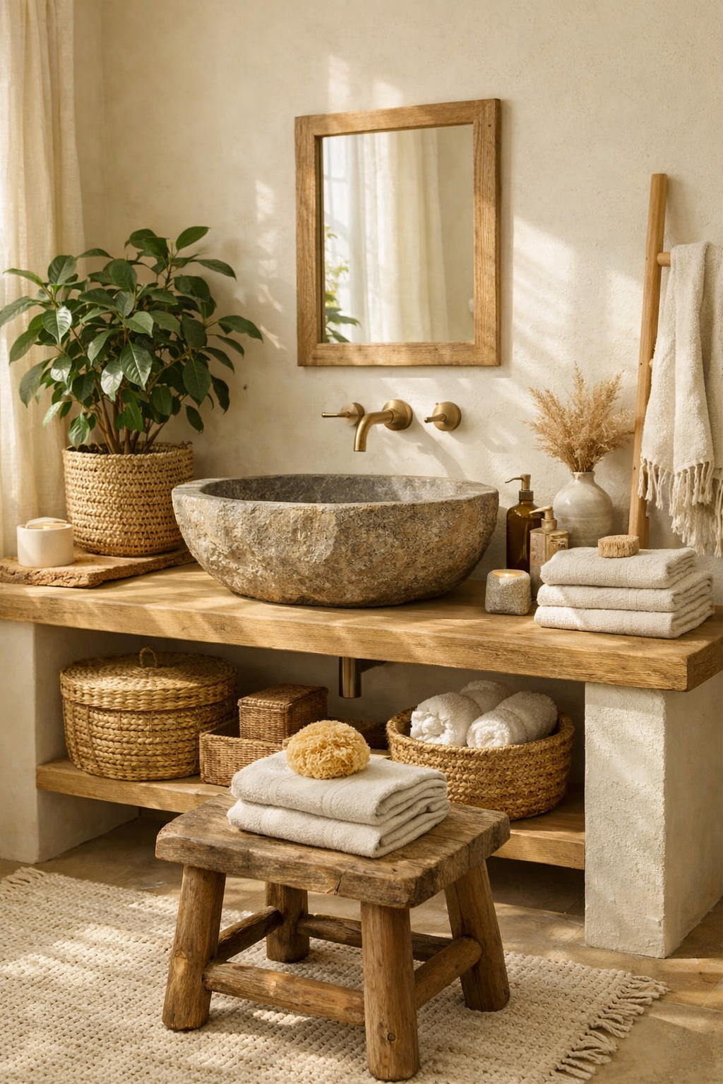 Cream Bathroom with Natural Decor Elements