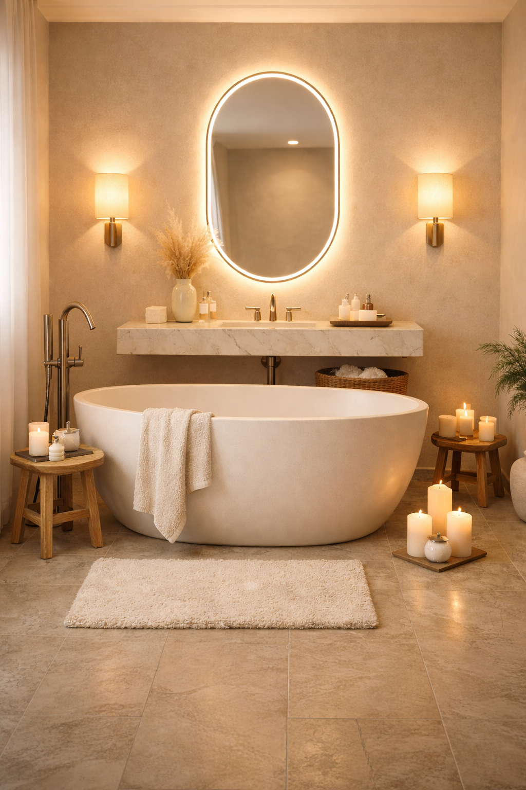 Cream Bathroom with Soft Lighting
