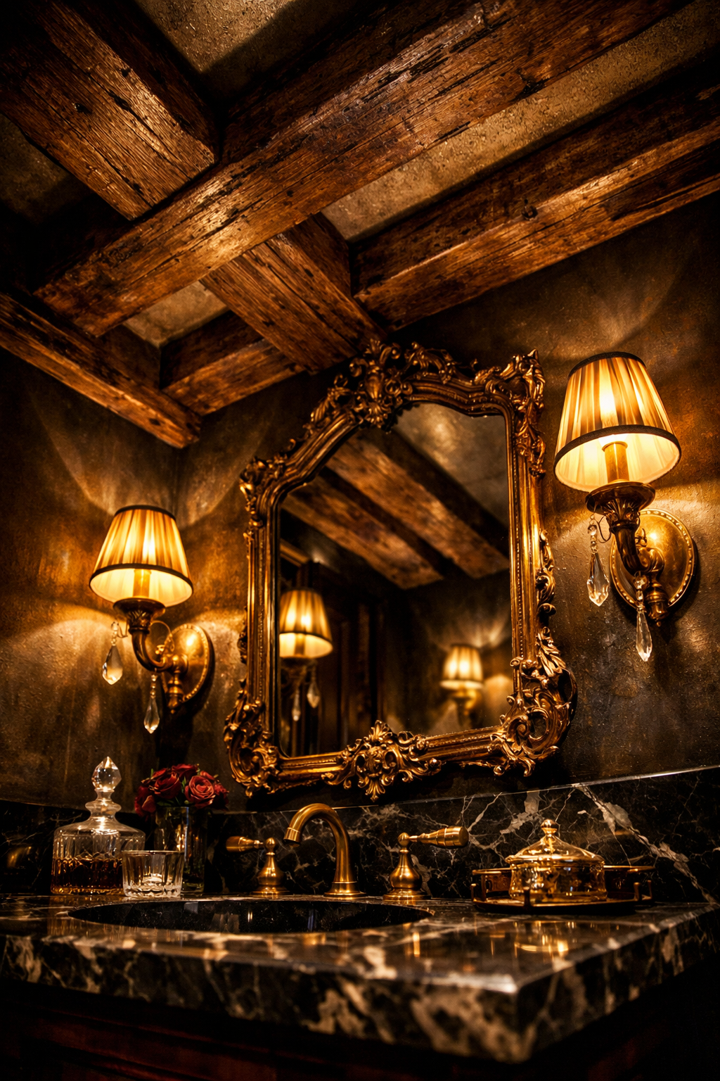 Distressed Beams in a Moody Powder Room