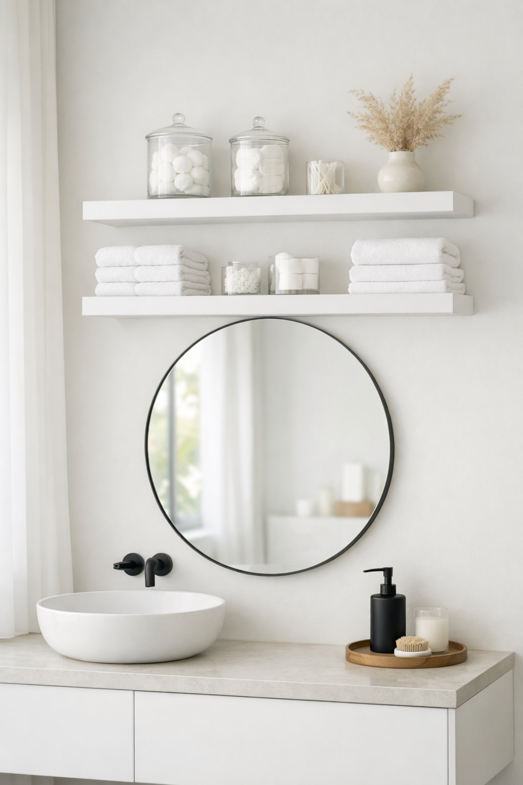 Floating Shelves Above the Vanity for Effortless Elegance