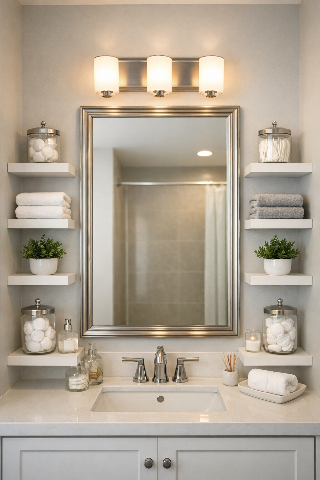 Floating Shelves Beside the Mirror