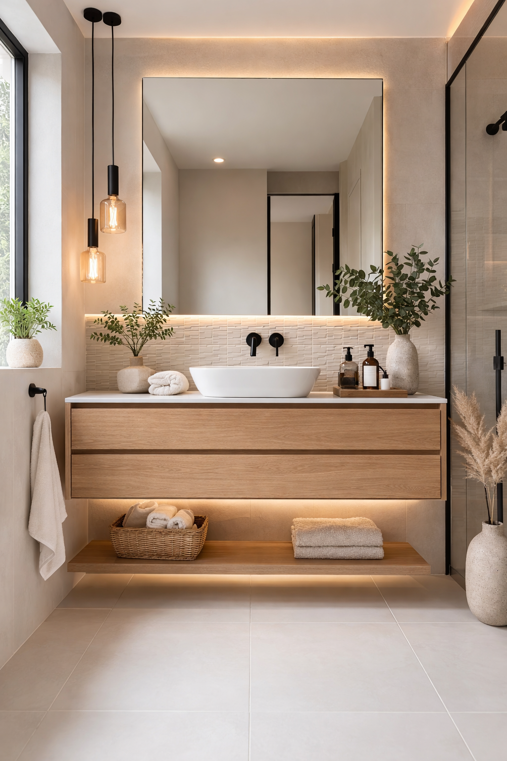 Floating Wood Vanity with White Tile Flooring