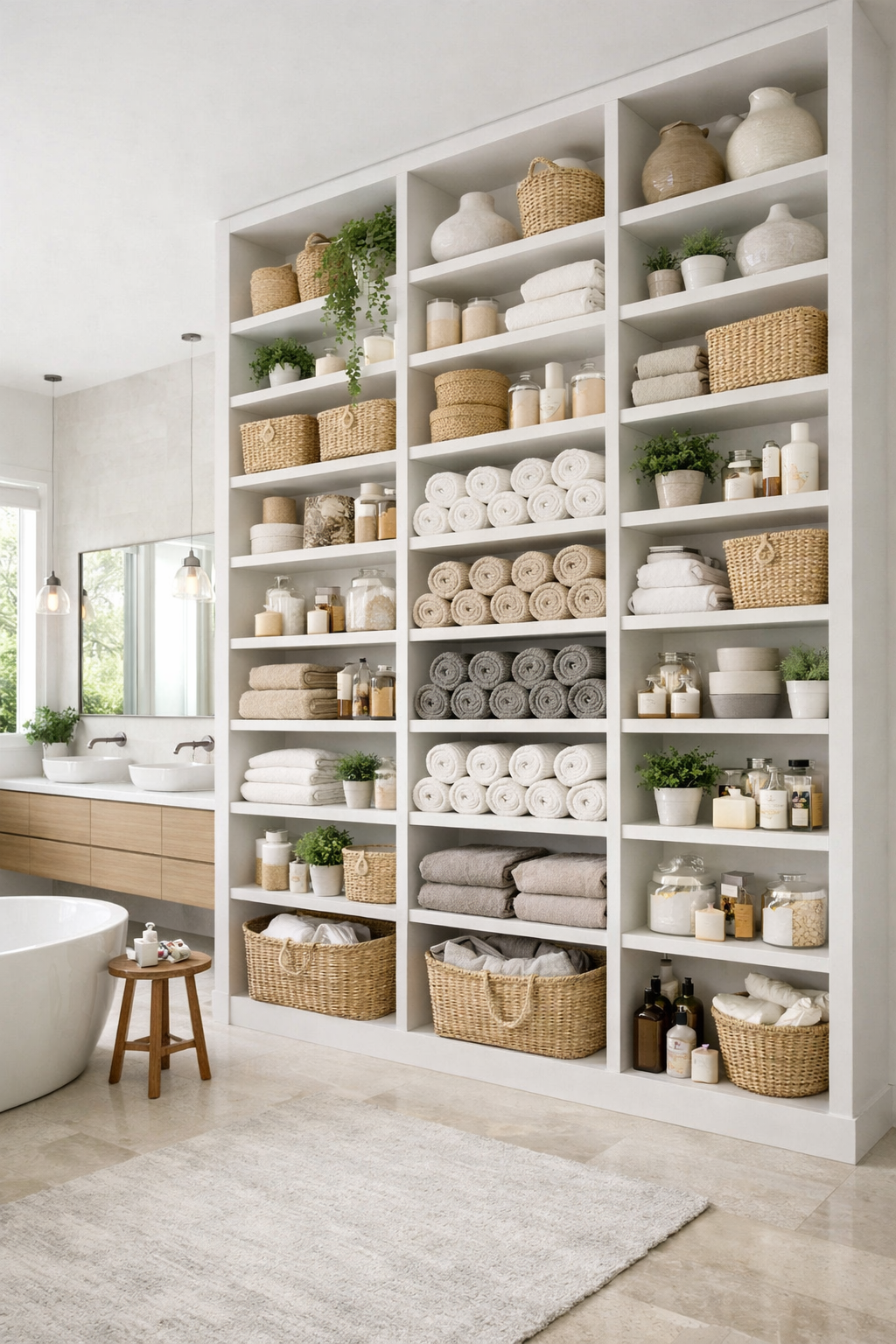 Floor-to-Ceiling Open Shelving in Larger Bathrooms