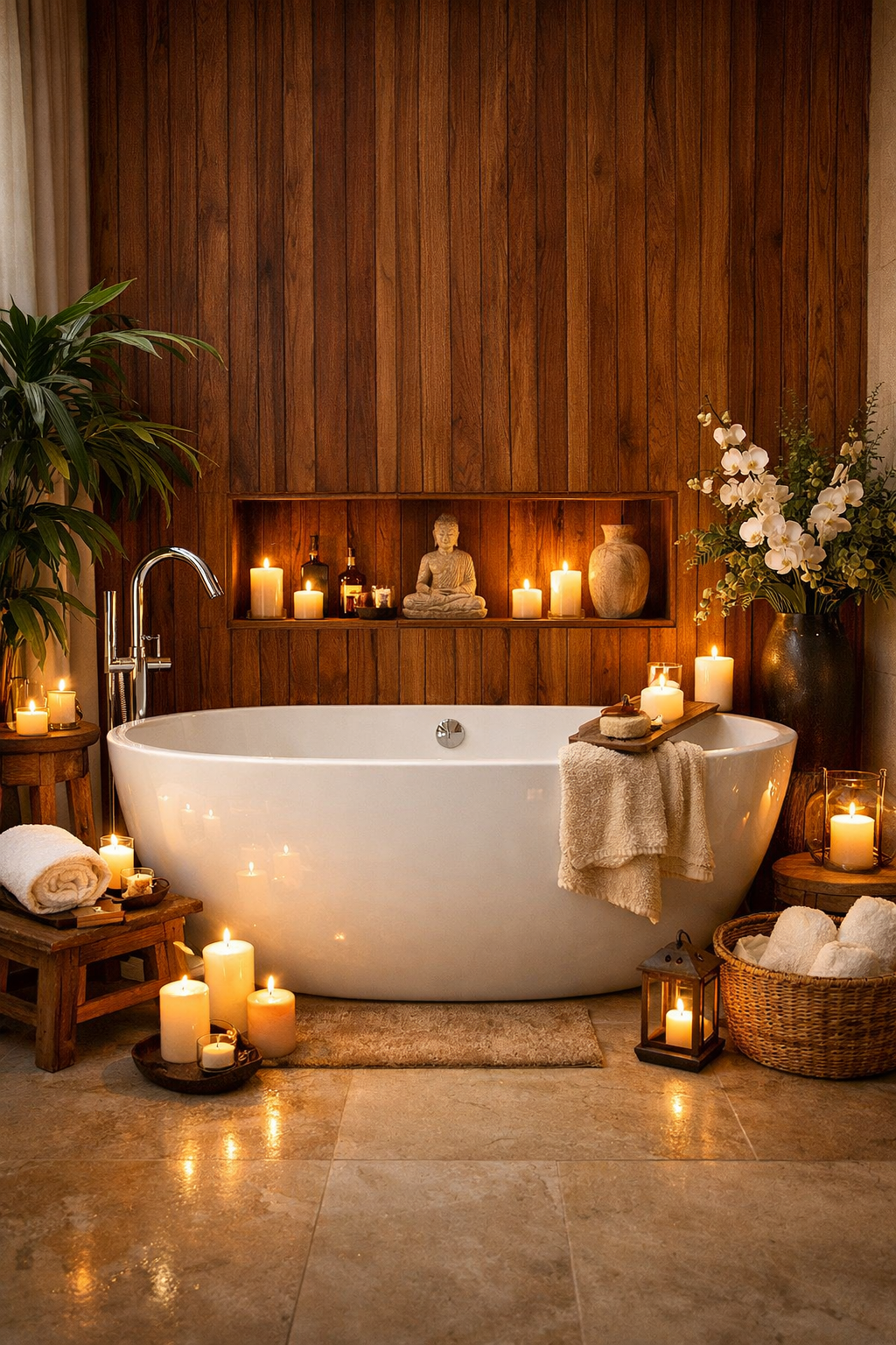 Freestanding Tub Against a Wood Feature Wall