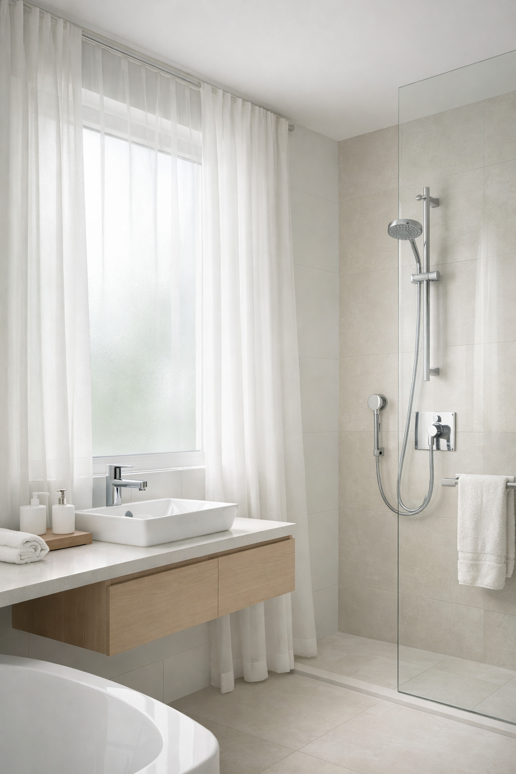 Frosted Glass and Sheer Curtain Combination