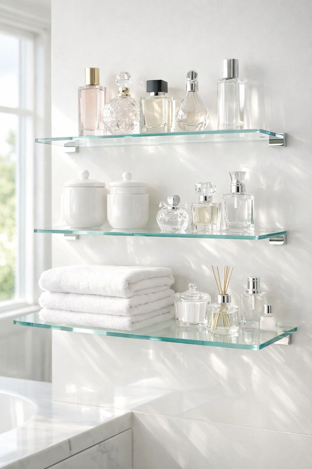 Glass Open Shelves for a Light and Reflective Effect