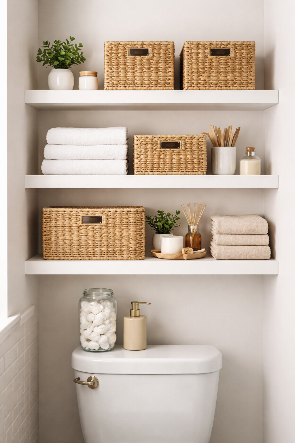 Layered Floating Shelves with Baskets