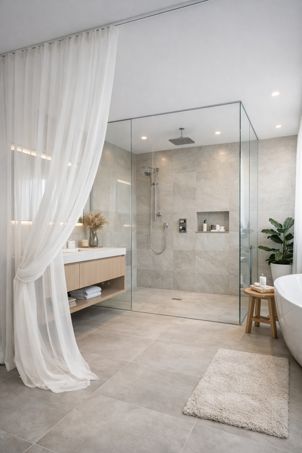 Open Shower Designs with Sheer Curtains