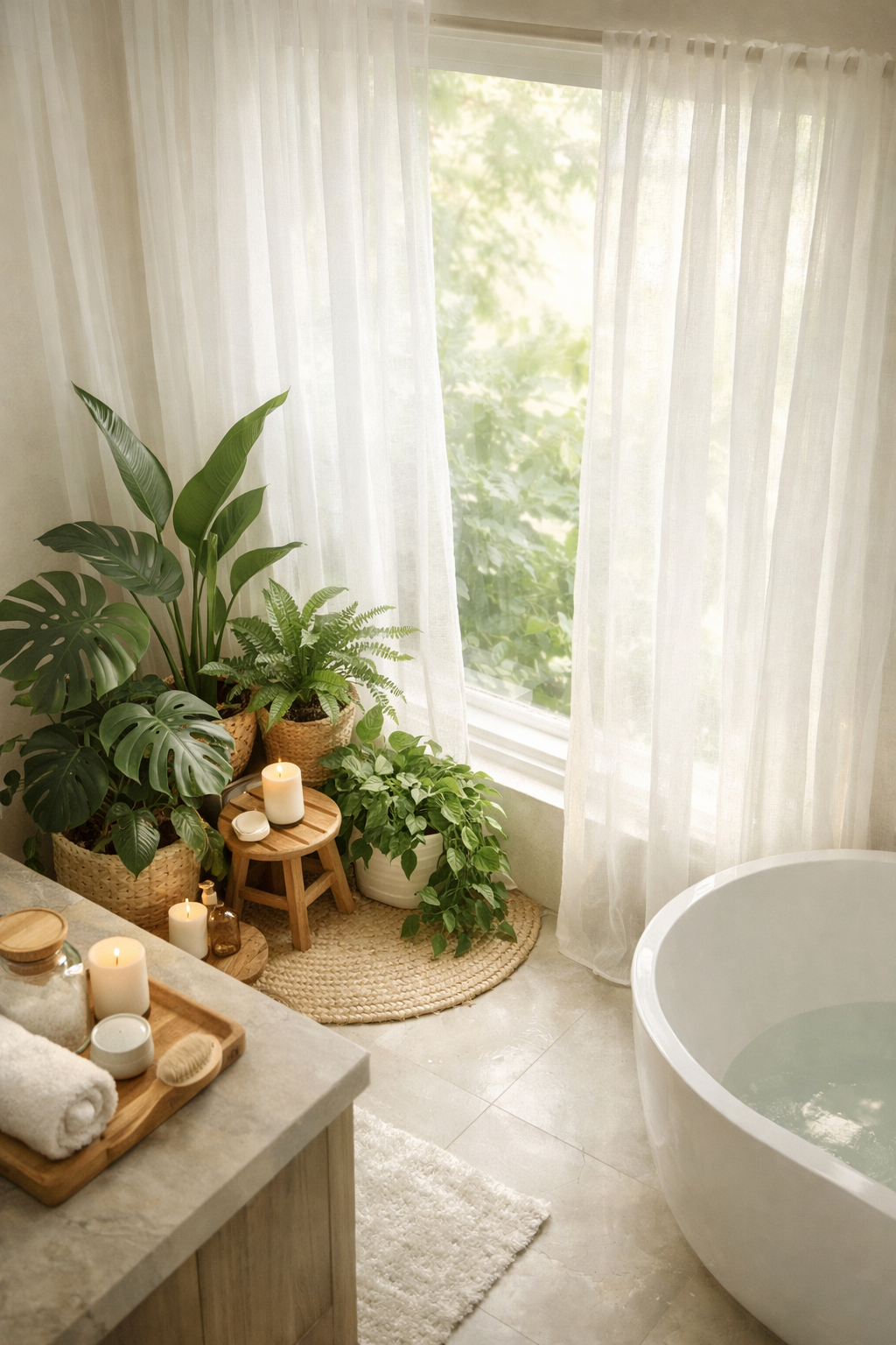 Sheer Curtains Paired with Greenery