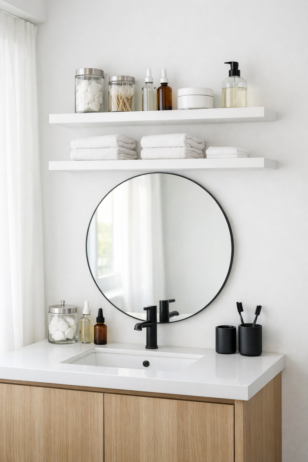 Slim Floating Shelves Above the Vanity
