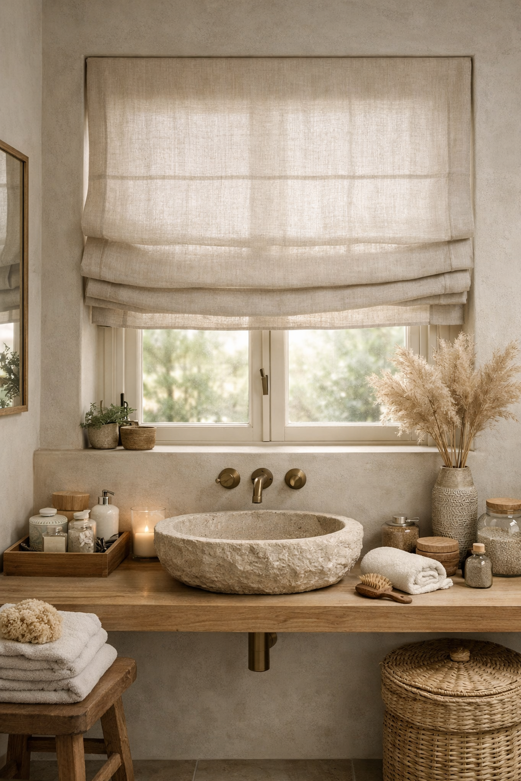 Soft Linen Roman Shades for a Calm, Spa-Like Feel