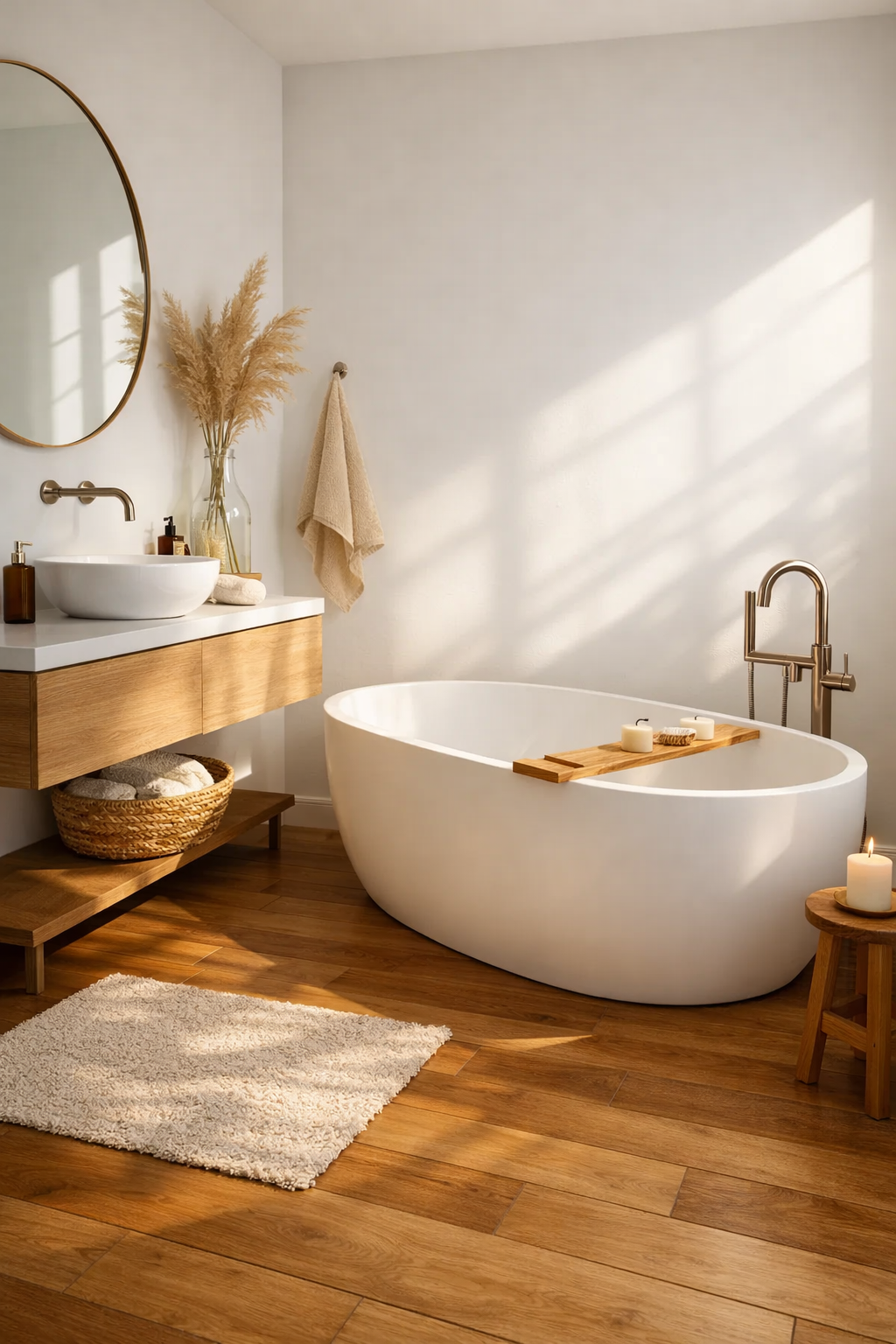 Warm Wood Flooring with White Fixtures