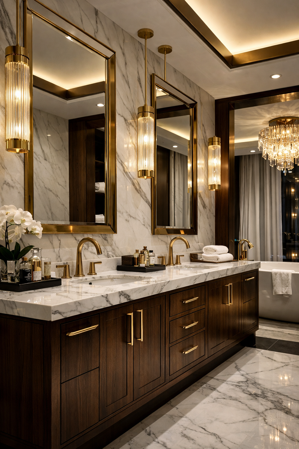White Marble Surfaces with Rich Walnut Tones