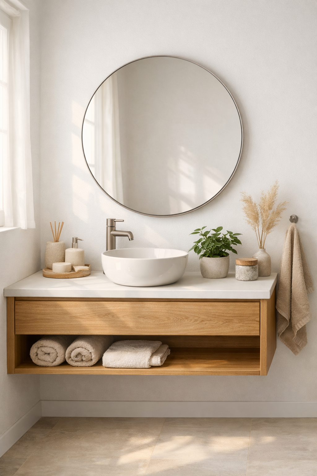 White Walls with a Natural Wood Vanity