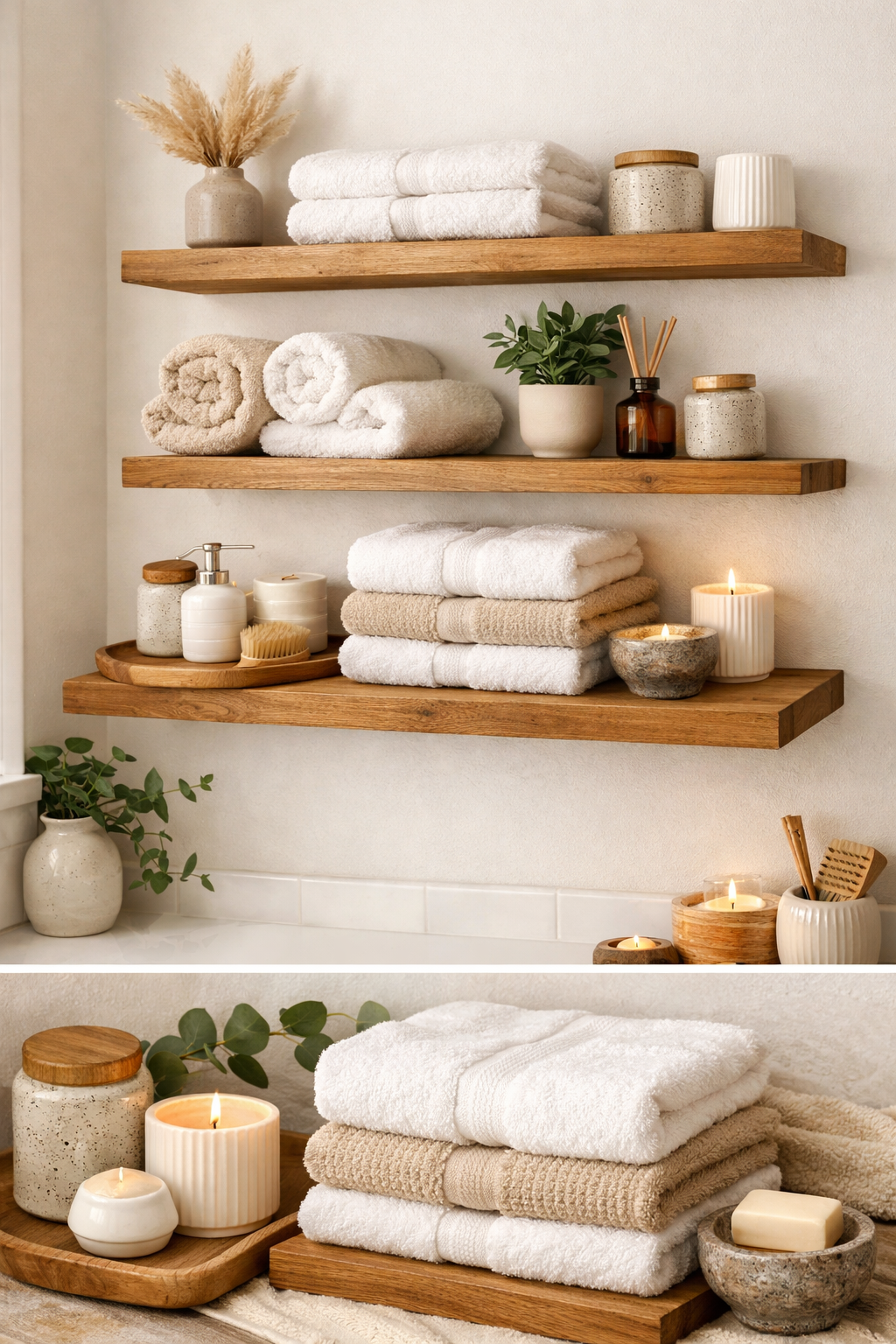 White and Wood Bathroom with Open Shelving