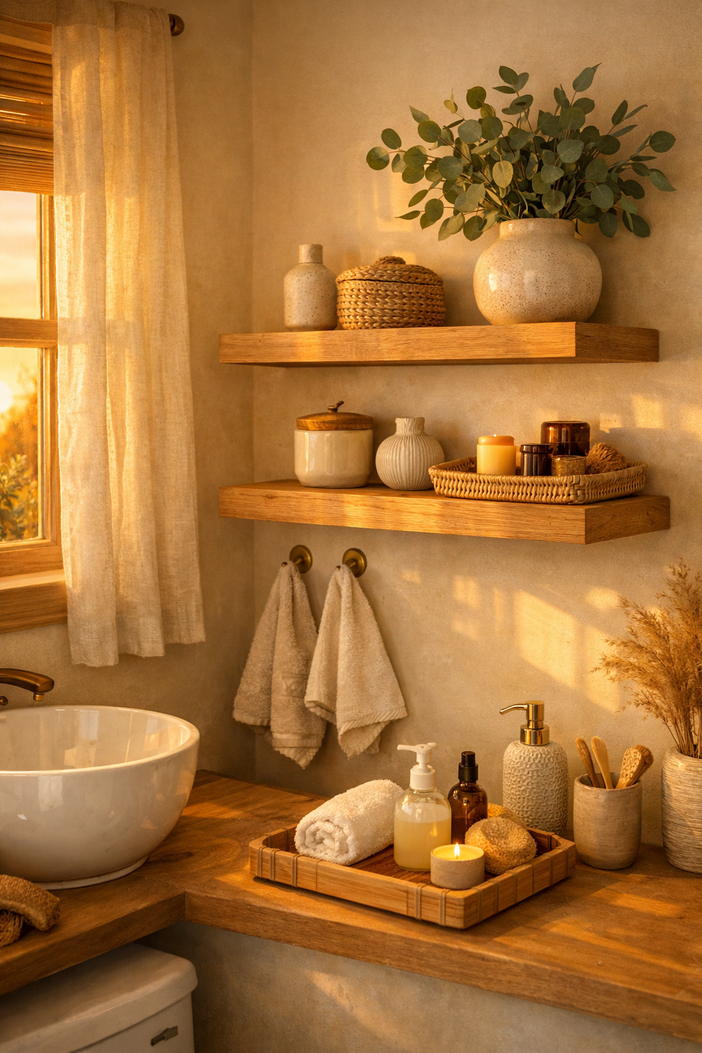 Wood Floating Shelves with Warm Tones