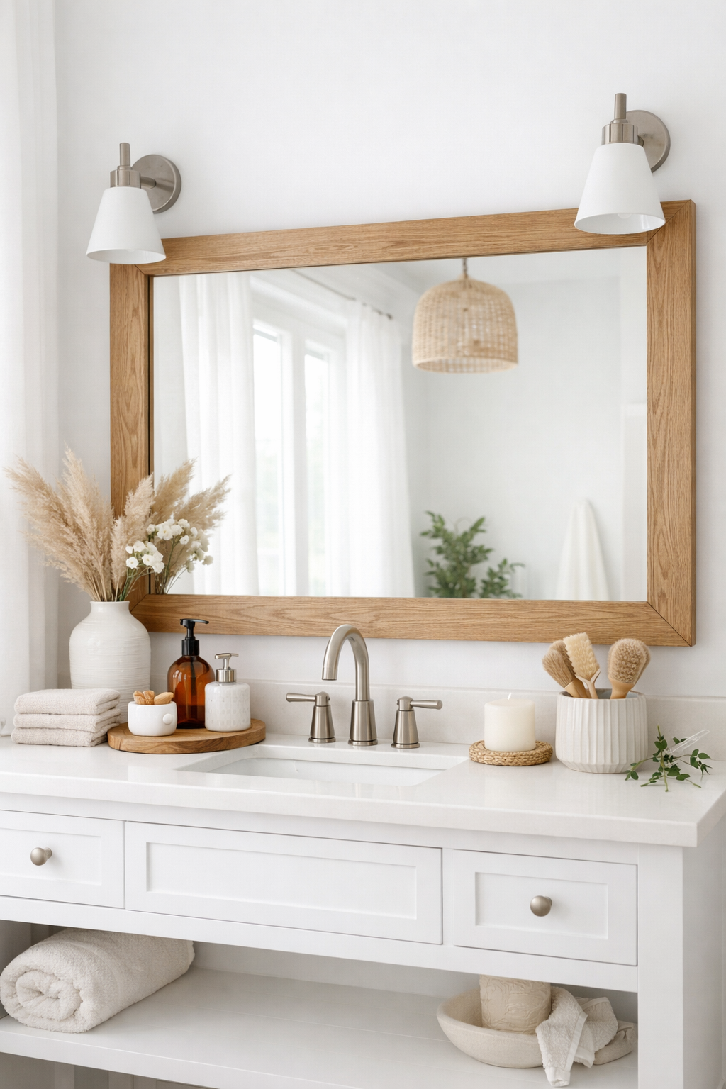 Wood-Framed Mirrors in a White Setting