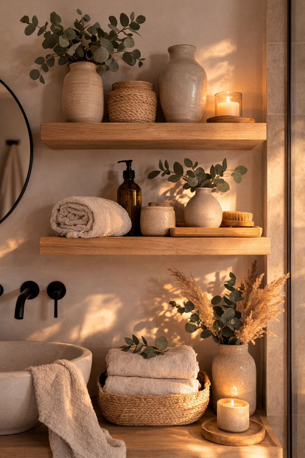 Wood Open Shelving with Natural Textures for Warmth