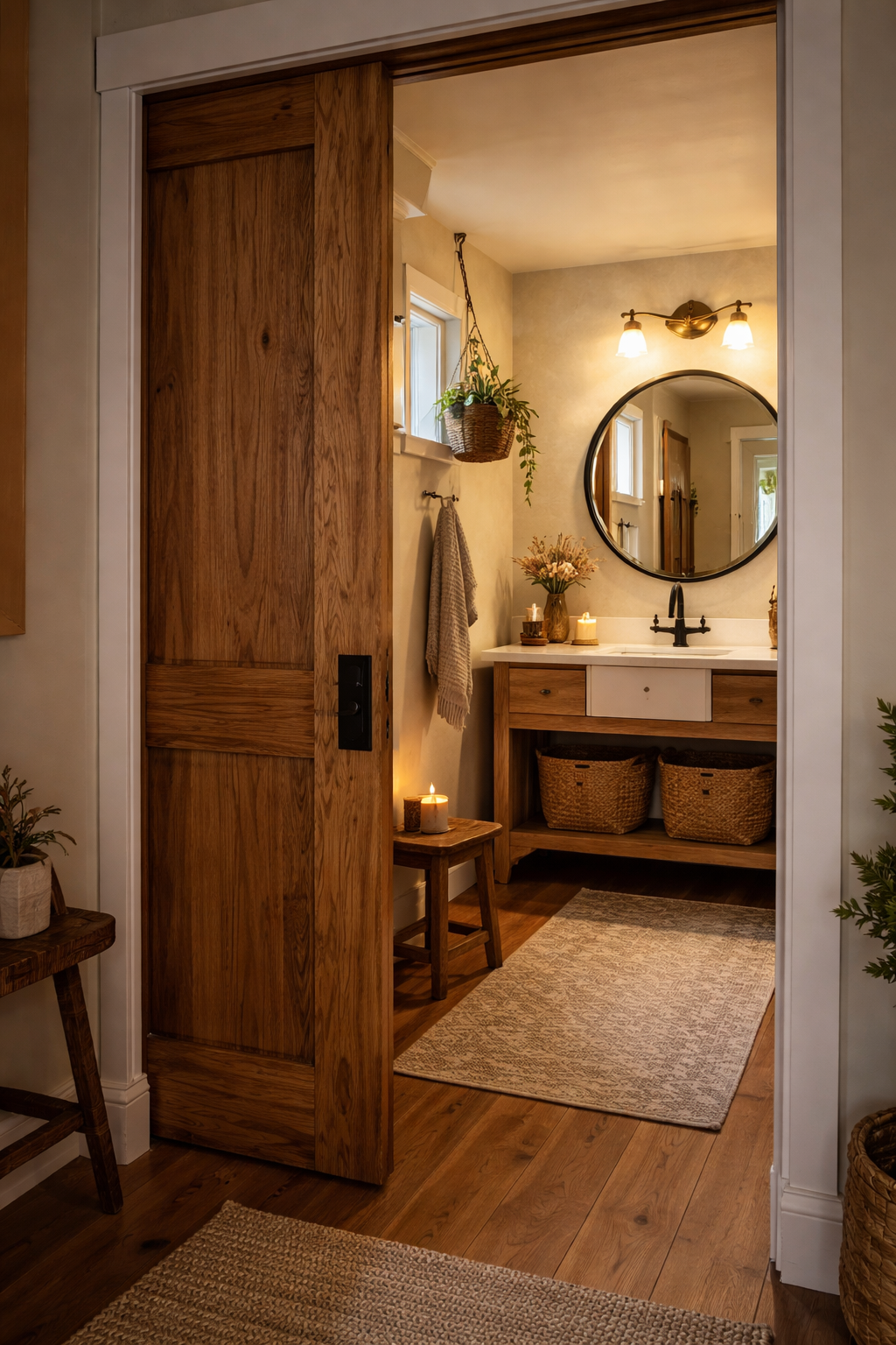 Wooden Pocket Door for Warmth and Texture