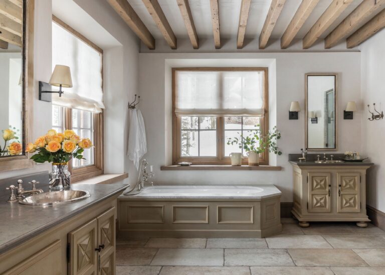 beamed ceiling bathroom
