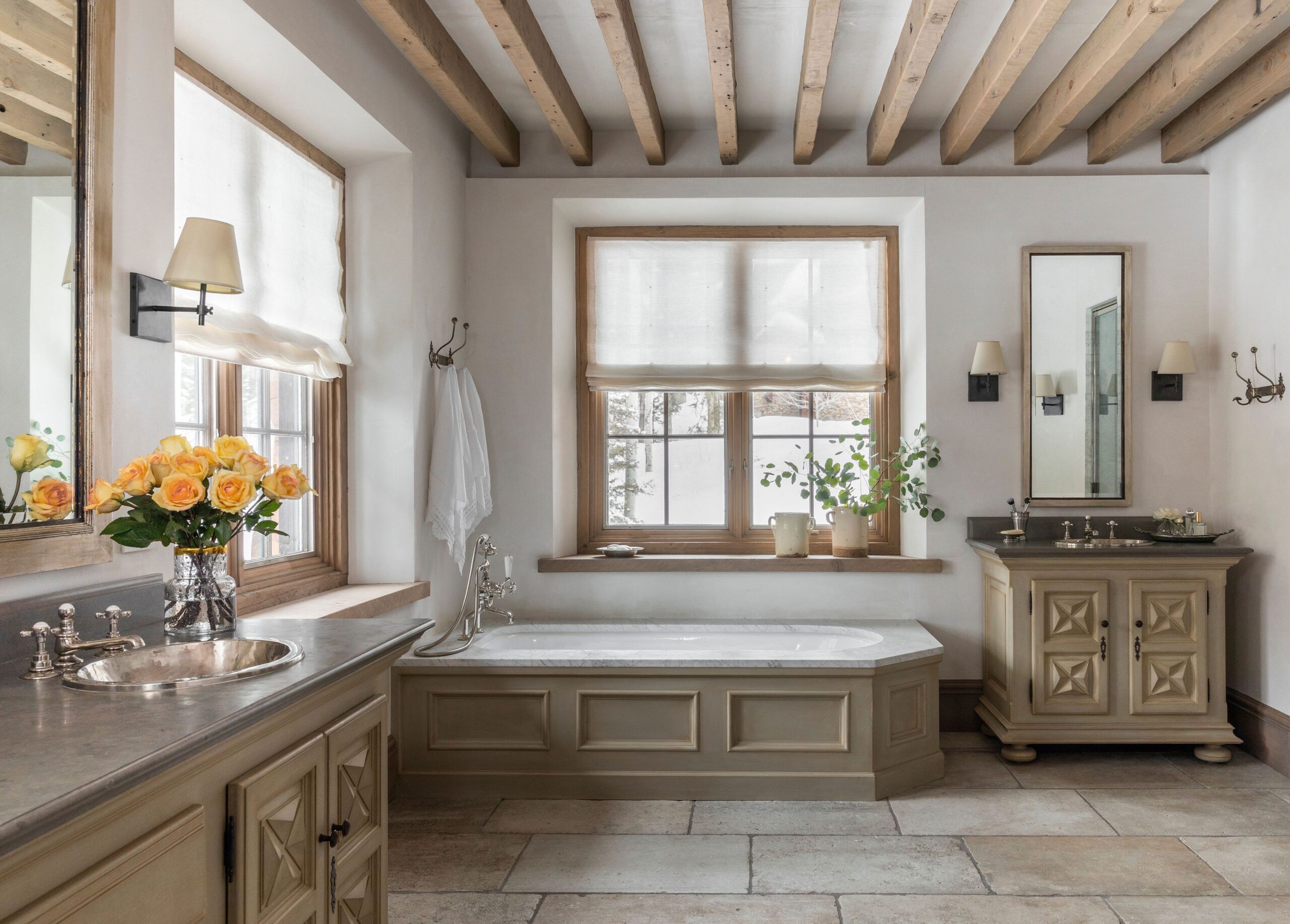 beamed ceiling bathroom